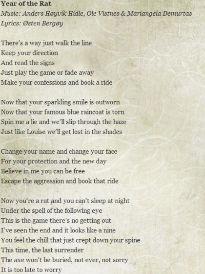 Tristania Year Of The Rat Official ë¤ì´ë² ë¸ë¡ê·¸ There's a way just walk the line keep your direction and read the signs just play the game or fade away make your confessions and book a ride now that your sparkling smile is outworn now that your famous blue raincoat is torn spin me a lie and we'll slip through the. tristania year of the rat official ë¤ì´ë² ë¸ë¡ê·¸